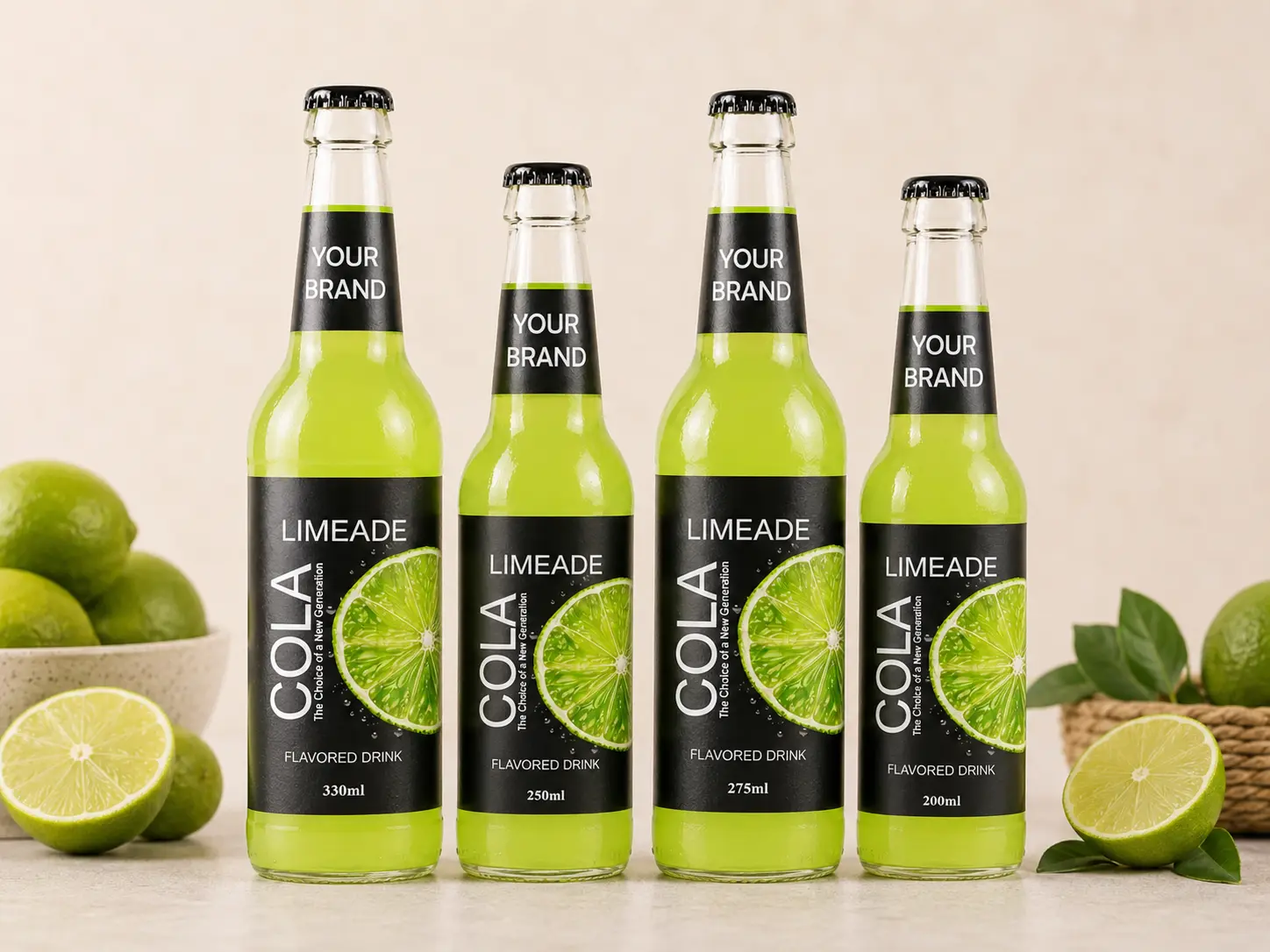 COLA DRINK Limeade flavour in 330ml, 250ml, 275ml, and 200ml glass bottles.